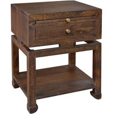 a wooden table with two drawers on one side and an open drawer on the other