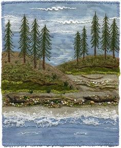 a painting of some trees on a hill by the water with waves in front of it