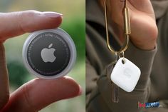 two pictures one with an apple keychain and the other with an airpods attached to it