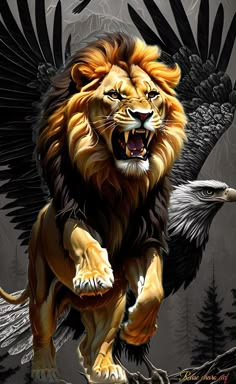 a lion with an eagle on its back