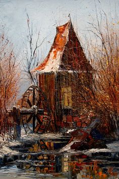 a painting of an old mill in the snow