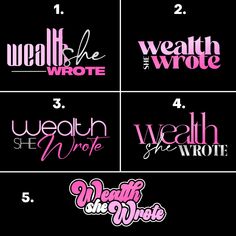 four different logos with the words health and well done written in pink on black background