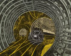 a painting of a train coming out of a tunnel with yellow lines on the floor