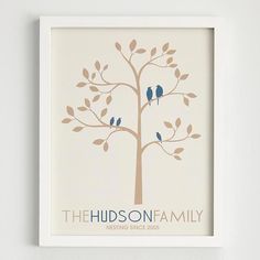 a family tree with two blue birds on it