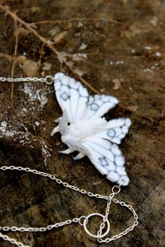 a white and black butterfly on a chain laying on the ground with it's wings spread out