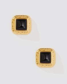 24k gold platedHypoallergenicGold earring with black pendantPost back closureMeasurement approx. 1.75" Mixed Metal Jewelry, Onyx Earrings, Black Pendant, Black Earrings, Gold Earring, All You Can, Metal Jewelry, Gold Earrings, Onyx