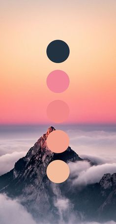 an image of a mountain with five circles in the sky above it and clouds below