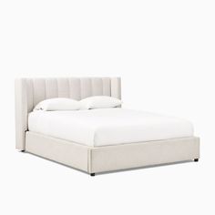 a bed with white sheets and pillows on it's headboard, against a white background