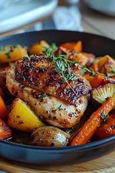 a plate with chicken, carrots and potatoes on it