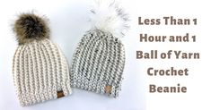 two knitted hats with pom - poms on them