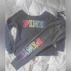 Size Small Grey Pastel Rainbow Colored Pink Lettering I Bought The Sweatshirt Custom Altered No Tag Was Sold As A Size Small *I Thought This Had A Small Grease Mark On It But I Can't See Or Find It Anymore Maybe It Came Out Or Its My Bad Eyesight. Listing As Fair Just In Case Its My Eyes See Pics Check Out My Other Vs Pink Items Feel Free To Bundle It Always Helps Me To Justify The Shipping Charges ;;) Thank You For Looking Victoria's Secret Pink Pants For Loungewear, Bad Eyesight, Vs Pink Sweatpants, Victoria's Secret Pink Pants, Victoria's Secret Pink Seamless Bottoms, Pink Items, Pink Victoria Secret Clothes Sweatshirts, My Bad, Pink Letter