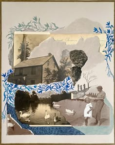 an altered collage of people and animals by a lake with houses in the background