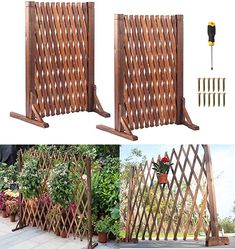 three different views of a wooden gate and some plants in pots on the ground with tools