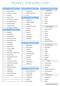 the travel packing list is shown in blue and white