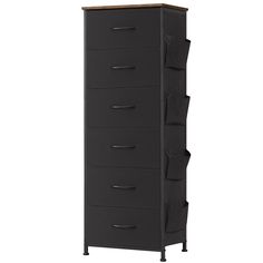 a tall black cabinet with five drawers