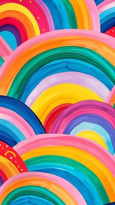 an abstract painting of rainbows and circles in pink, blue, yellow, green, orange, red