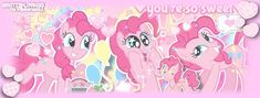 three pinkie ponies standing next to each other in front of hearts and stars