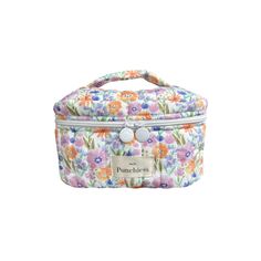 a flowered lunch box with the word pucciches on it's side