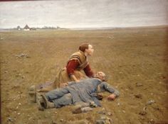 a painting of two people in a field with one laying down and the other standing up