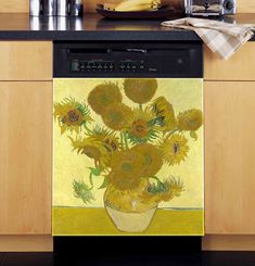 a painting of sunflowers in a vase on a kitchen counter with an oven and toaster