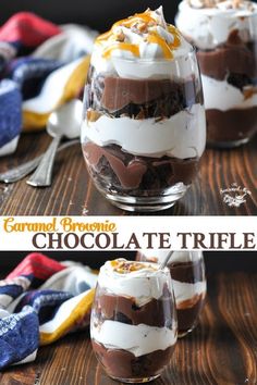 two glasses filled with chocolate trifle desserts on top of a wooden table next to each other