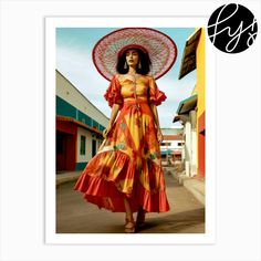 a woman in a dress and hat walking down the street