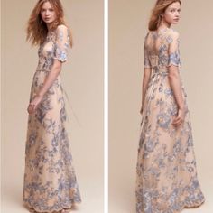 two pictures of a woman in a long dress with flowers on the front and back