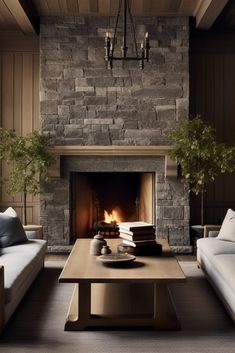 a living room filled with furniture and a fire place in front of a stone fireplace