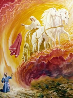 a painting of two white horses pulling a man in a carriage through the sky with red clouds