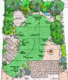 a garden design with lots of trees and plants on it, including the ground plan