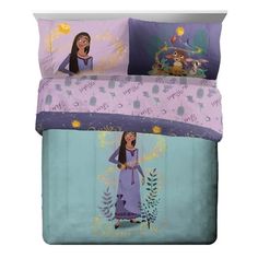 an image of a bed with disney princesses on it's cover and pillow cases