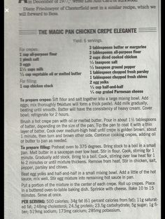 a recipe for the magic pan chicken crepe eleante is shown here