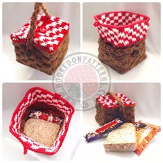 four different pictures of small baskets with candy in them and one is made out of bread