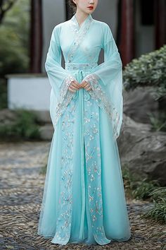 Green Butterfly Love Flower Embroidered Sweet Hanfu Dress – LolitaInside Light Blue Bohemian Dress For Wedding, Light Blue Bohemian Wedding Dress, Summer Dresses For Tea Ceremony, Spring Ao Dai For Banquets, Traditional Light Blue Spring Dress, Chinese Princess Dress, Chinese Fancy Dress, Traditional Asian Dress, Style Types