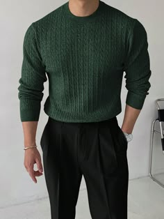 Suéter de gola redonda de manga longa, cor sólida, para homens Verde Escuro Casual  Manga Comprida Tecido Simples Pulôveres Elasticidade Baixa  Men Clothing, size features are:Bust: ,Length: ,Sleeve Length: Casual Chic Style Men, Formal Sweater Outfit Men, Green Inspired Outfits Men, Male Outfit Styles, Green Dark Academia Outfit Men, Dark Green Clothes Men, Men’s Dark Academia Outfits, Mens Outfit Green, Men Clothing Styles Casual