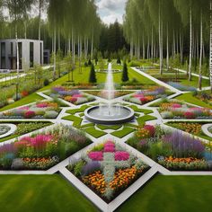 a garden with many different flowers and plants around it in the center is a fountain surrounded by trees