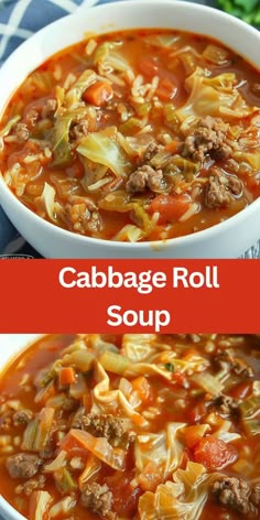 cabbage roll soup in a white bowl on top of a blue towel