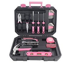 a pink and black tool set in a case on a white background with tools inside