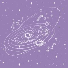 an illustration of the solar system in space with stars and planets around it on a purple background