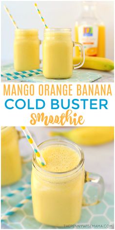 mango orange banana cold busterer smoothie in mason jars with straws on top