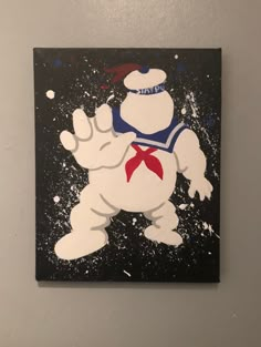 a painting of a cartoon character on a black and white background with red, white, and blue colors