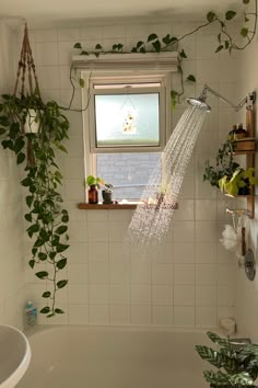 a shower head in the middle of a bathtub next to a window with potted plants