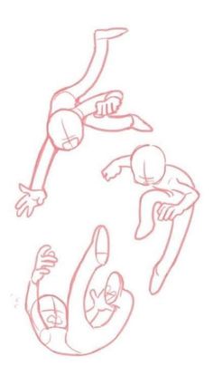 the drawing shows three people in different positions, one is upside down and one has his hands up