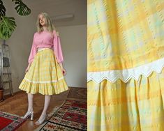 "Vintage circle plaid skirt M E A S U R E M E N T S - taken seam to seam lying flat - not doubled Waist 14\"/35 cm Hips free Length 27,5\"/70 cm Condition: Great vintage condition size medium, Eu size 38 Material: cotton Thank you for your visit!" Shiny Blouse, Dirndl Skirt, Nude Bra, Yellow Plaid, Bralette Tops, Plaid Skirt, Plaid Skirts, Bra Lingerie, Tartan