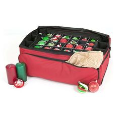 a red suitcase filled with lots of sushi and other food items on top of it