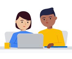 a man and woman sitting at a table with a laptop in front of each other