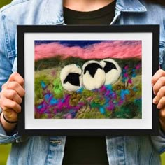 two black and white balls in the grass with pink clouds behind them are framed by a woman's hands