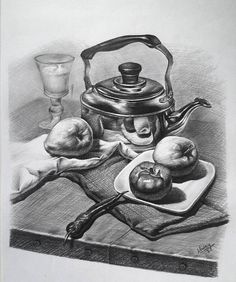 a black and white drawing of an old tea kettle with apples on a plate next to it