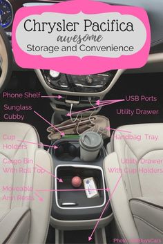 the inside of a car with its contents labeled in pink and white text that says chrysler pacifica awesome storage and convenience