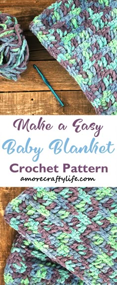 an easy crochet baby blanket made with yarn